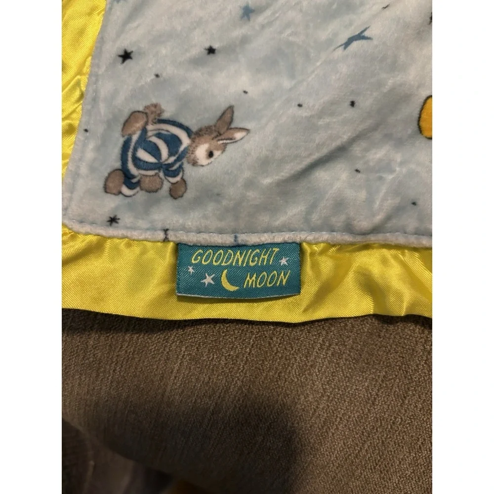 Goodnight Moon Baby Lovey Bunny Security Blanket Blue Yellow Satin Plush Rabbit